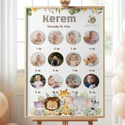 12 Ay Anı Panosu Safari Temalı Kişiye Özel – 1 Yaş Fotoğraflı Bebek Hatıra Tablosu, İsimli Dünyadaki İlk Yılım Panosu