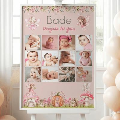 1 Yaş Doğum Günü Panosu Kız Bebek – 12 Ay Fotoğraflı Kişiye Özel Tablo - Dünyadaki İlk Yılım Panosu