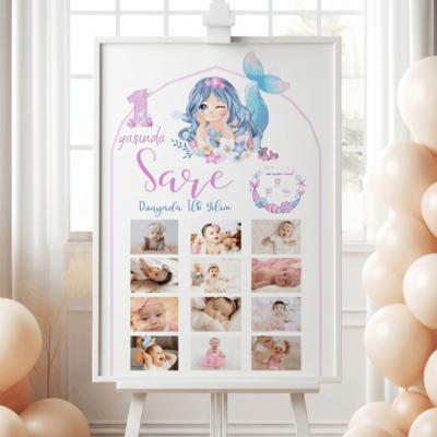 Deniz Kızı Temalı 1 Yaş Doğum Günü Anı Panosu Kişiye Özel Fotoğraflı Tablo Çerçeveli