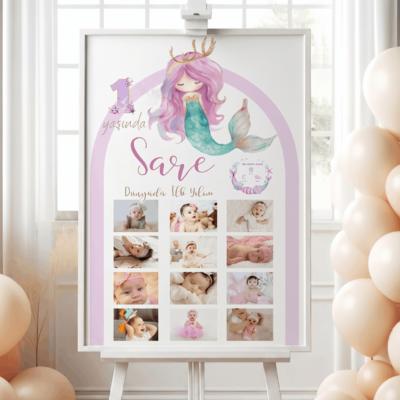 Deniz Kızı Temalı 1 Yaş Kız Bebek Doğum Günü Anı Tablosu Kişiye Özel Çerçeveli Fotoğraflı Kolaj Tablo