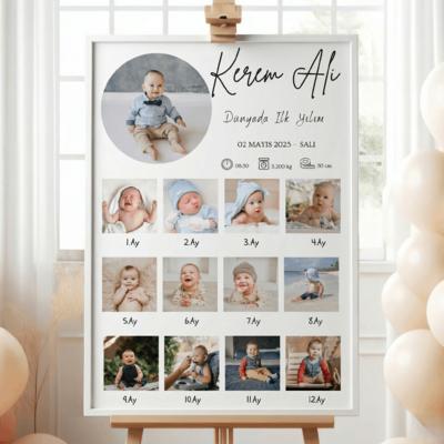 Fotoğraflı Doğum Bilgileri Panosu ve 12 Ay Anı Panosu – Kişiye Özel Bebek 1 Yaş Doğum Günü Tablo
