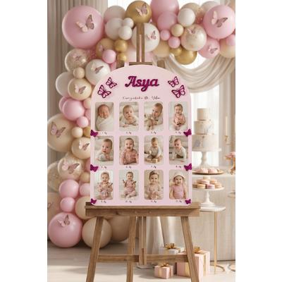 İsime Özel 12 Ay Doğum Günü Fotoğraf Panosu - Pembe Simli Kelebek Detaylı