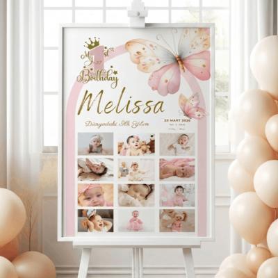 Kelebek Temalı 1 Yaş Kız Bebek Doğum Günü Anı Tablosu Kişiye Özel Çerçeveli Fotoğraflı Kolaj Tablo