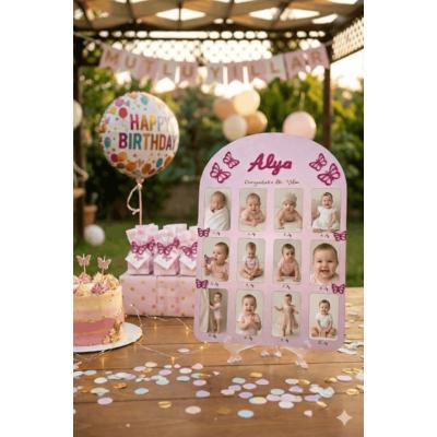İsime Özel 12 Ay Doğum Günü Fotoğraf Panosu - Pembe Simli Kelebek Detaylı