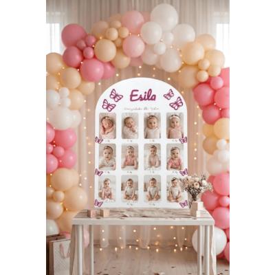 1 Yaş Kız Doğum Günü Anı Panosu - Fotoğraflı Kelebek Detaylı Simli