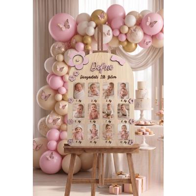 Pembe Papatya Kız Bebek 12 Ay Anı Panosu | Ahşap İsimli 1 Yaş Fotoğraf Panosu