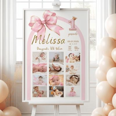 Kız Bebek 1 Yaş Doğum Günü Konsepti Kişiye Özel Çerçeveli Fotoğraflı Kolaj Tablo