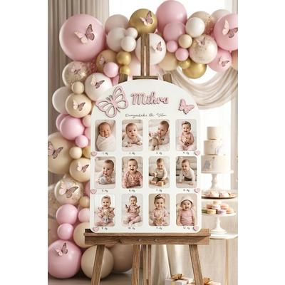 Pembe Kelebekli Kız Bebek 12 Ay Anı Panosu | 1 Yaş İsimli Dünyadaki İlk Yılım Fotoğraf Panosu