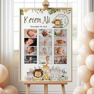 Safari Temalı 1 Yaş Erkek Bebek Doğum Günü Konsepti Kişiye Özel Fotoğraflı Anı Panosu Çerçeveli