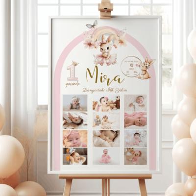 Tavşan Konseptli 1 Yaş Doğum Günü Panosu Kişiye Özel Fotoğraflı Çerçeveli Tablo