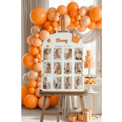Turuncu Kral Taç Temalı Dünyada İlk Yılım 1 yaş Erkek Bebek Anı Fotoğraf Panosu Oranj Kral 12 Ay Fotoğraflı İsimli Pano