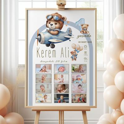 Uçak Temalı 1 Yaş Doğum Günü Anı Panosu 12 Ay Fotoğraflı Erkek Bebek Konsepti Kişiye Özel Tablo