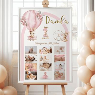 Uçan Balon Tavşan 1 Yaş Kız Bebek Doğum Günü Konsepti Kişiye Özel Fotoğraflı Kolaj Tablo